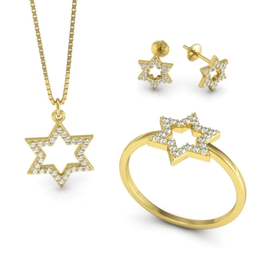 Conjunto Ouro 18K Estrela de Davi com Pedras