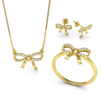 Conjunto Ouro 18K Lacinho com Pedras