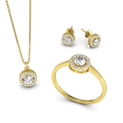 Conjunto Ouro 18K Ponto de Luz com Pedras