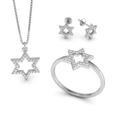 Conjunto Prata Estrela de Davi com Pedras