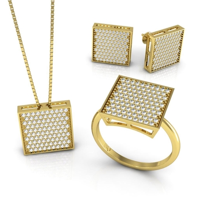 Conjunto Quadrado Ouro 18K Coleção Pavê Médio