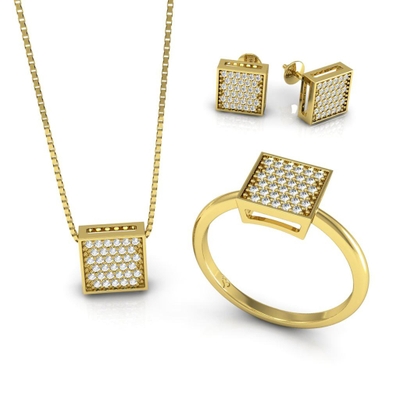 Conjunto Quadrado Ouro 18K Coleção Pavê Mini