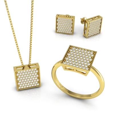 Conjunto Quadrado Ouro 18K Coleção Pavê Pequeno