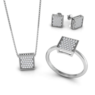 Conjunto Quadrado Prata Coleção Pavê Mini