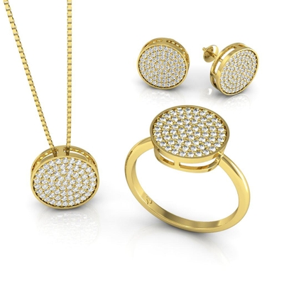 Conjunto Redondo Ouro 18K Coleção Pavê Médio