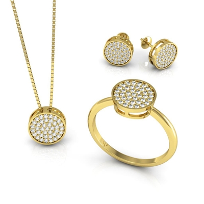 Conjunto Redondo Ouro 18K Coleção Pavê Pequeno