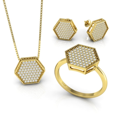 Conjunto Sextavado Ouro 18K Coleção Pavê Médio