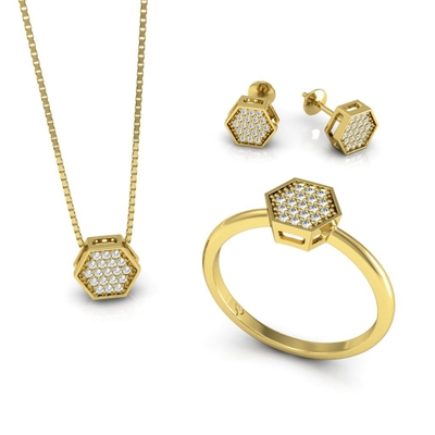 Conjunto Sextavado Ouro 18K Coleção Pavê Mini