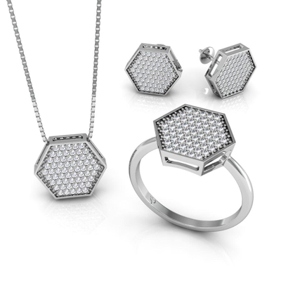 Conjunto Sextavado Prata Coleção Pavê Médio
