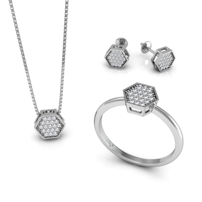 Conjunto Sextavado Prata Coleção Pavê Mini