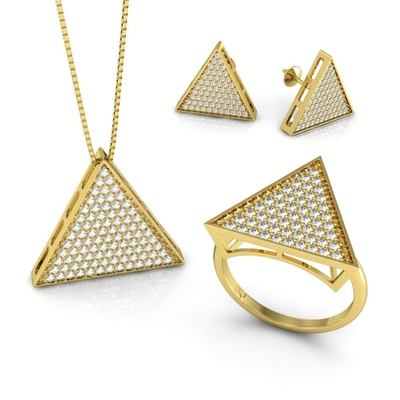 Conjunto Triângulo Ouro 18K Coleção Pavê Grande
