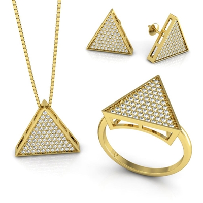 Conjunto Triângulo Ouro 18K Coleção Pavê Médio