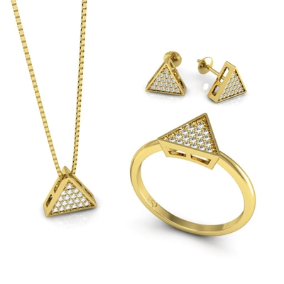 Conjunto Triângulo Ouro 18K Coleção Pavê Mini