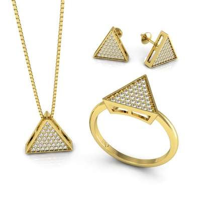 Conjunto Triângulo Ouro 18K Coleção Pavê Pequeno