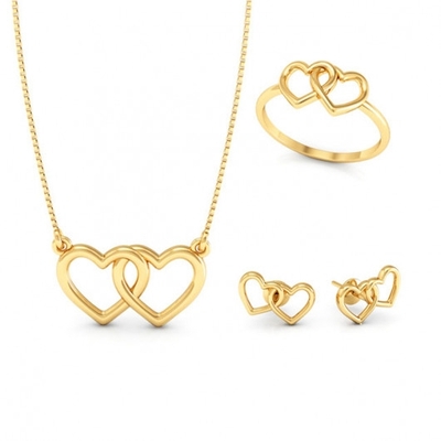 Conjunto Ouro 18K Corações Entrelaçados