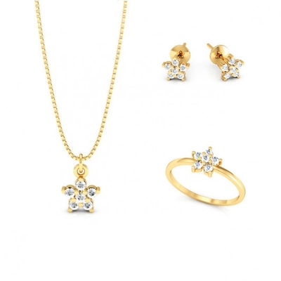 Conjunto Ouro 18K Flor com Pedras