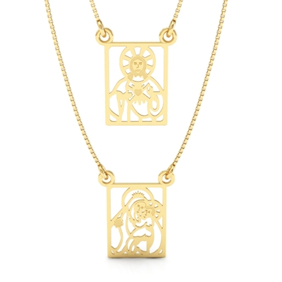 Escapulário Nossa Senhora e Sagrado Coração De Jesus Ouro 18K