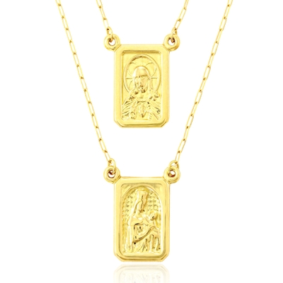 Escapulário Ouro 18K Sagrado Coração de Jesus e Nossa Senhora do Carmo Frente