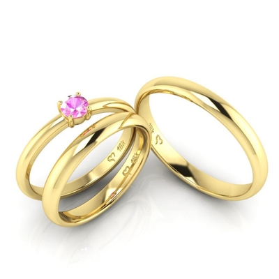 Kit Alianças de Casamento + Anel de Noivado Virtual Joias Dreams Ouro 18K