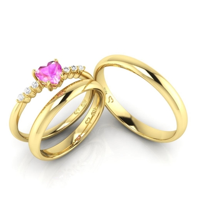 Kit Alianças de Casamento + Anel de Noivado Virtual Joias True Love Ouro 10K