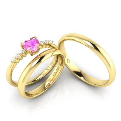 Kit Alianças de Casamento + Anel de Noivado Virtual Joias True Love Ouro 18K