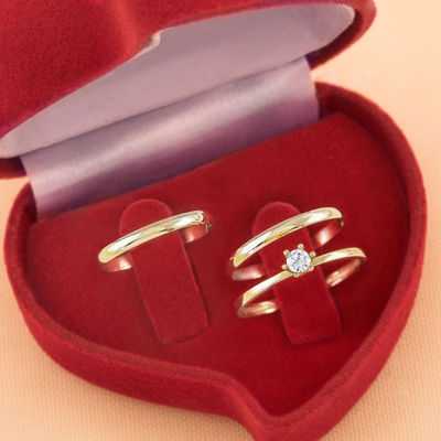 Kit Alianças Casamento Ouro Polida 2mm + Anel Solitário 