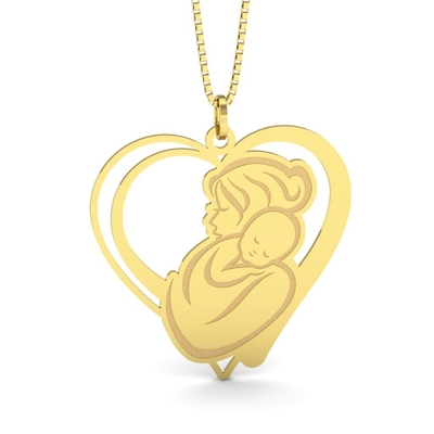 Pingente Coração de Mãe Bebê Dormindo Ouro 18K