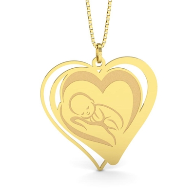 Pingente Coração de Mãe Bebê Palma da Mão Ouro 18K