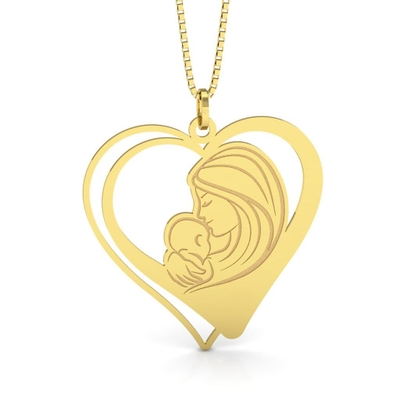 Pingente Coração de Mãe Beijando a Testa do Bebê Ouro 18K