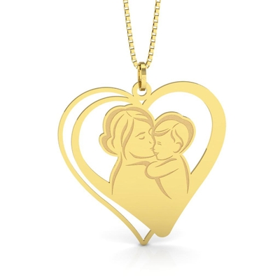 Pingente Coração de Mãe Beijando o Bebê Ouro 18K