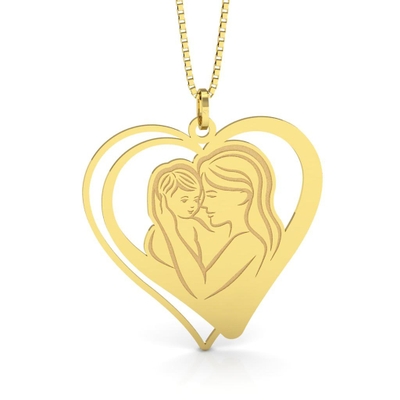 Pingente Coração de Mãe Fazendo Carinho no Bebê Ouro 18K
