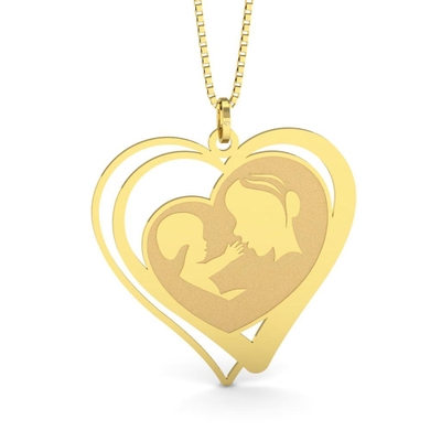 Pingente Coração de Mãe Olhando para o Bebê Ouro 18K