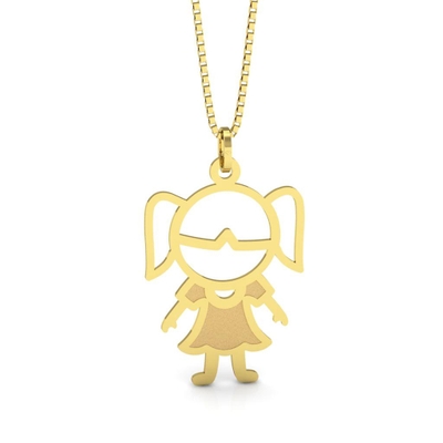 Pingente Menina Ouro 18K Cabeça Vazada e Corpo Fosco