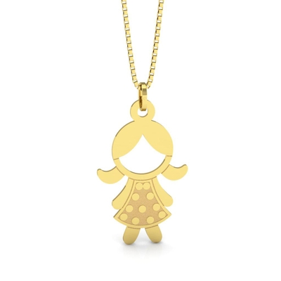 Pingente Menina Ouro 18K Rosto Vazado e Vestido com Bolinhas