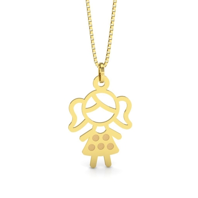 Pingente Menina Ouro 18K Vestido Bolinhas Vazado
