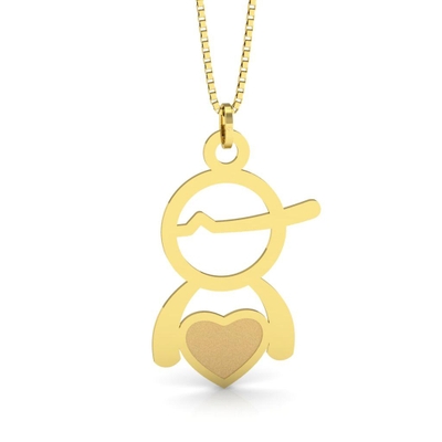 Pingente Menino Ouro 18K Vazado e Coração Fosco
