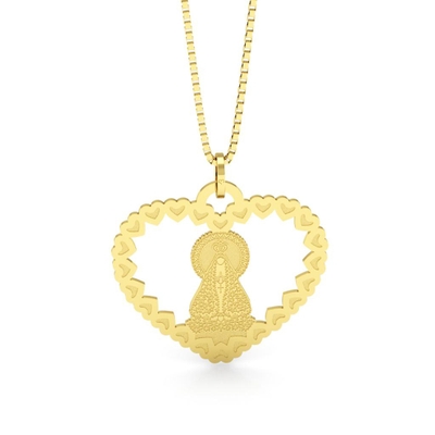 Pingente Nossa Senhora Aparecida Coração Vazado de Corações Ouro 18K