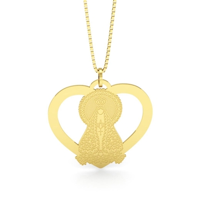 Pingente Nossa Senhora Aparecida Grande Coração Vazado Ouro 18K