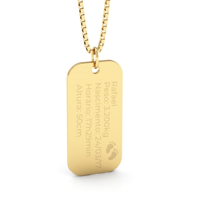 Pingente Personalizado Ouro 18K Masculino Placa Dados Nascimento