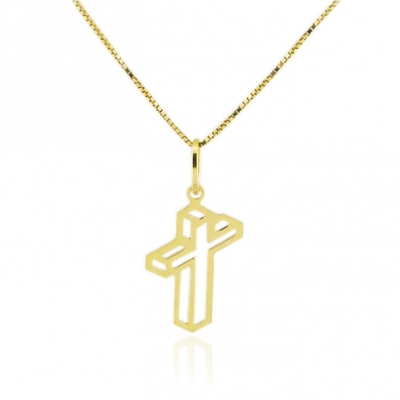 Pingente Cruz Vazada 3D Ouro 18K Pequena