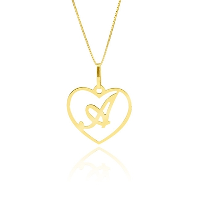 Pingente Ouro 18K Coração Com Letra De A a Z