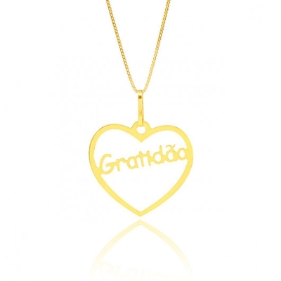 Pingente Ouro 18K Coração com Palavra Gratidão
