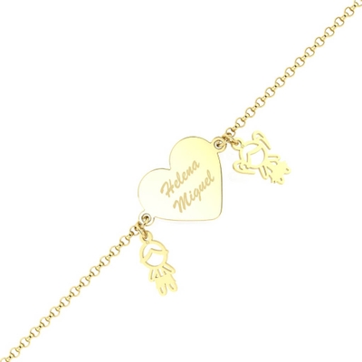 Pulseira Personalizada com Nomes Pingentes Menino e Menina Ouro 18k