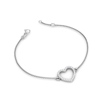 Pulseira Prata Coração Vazado com Pedras Brancas