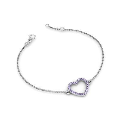 Pulseira Prata Coração Vazado com Pedras Lilás