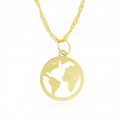 Colar com Pingente Mapa Mundi Ouro 18K