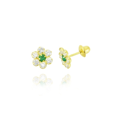 Brincos Ouro 18K Infantil Flor Zircônia