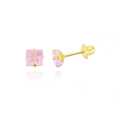 Brincos Ouro 18K Infantil Pedra Rosa 4mm