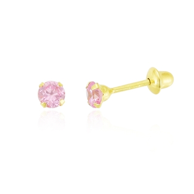 Brincos Ouro 18K Pedra Rosa 3mm