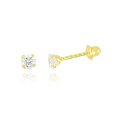 Brincos Ouro 18K Pedra Branca 3mm